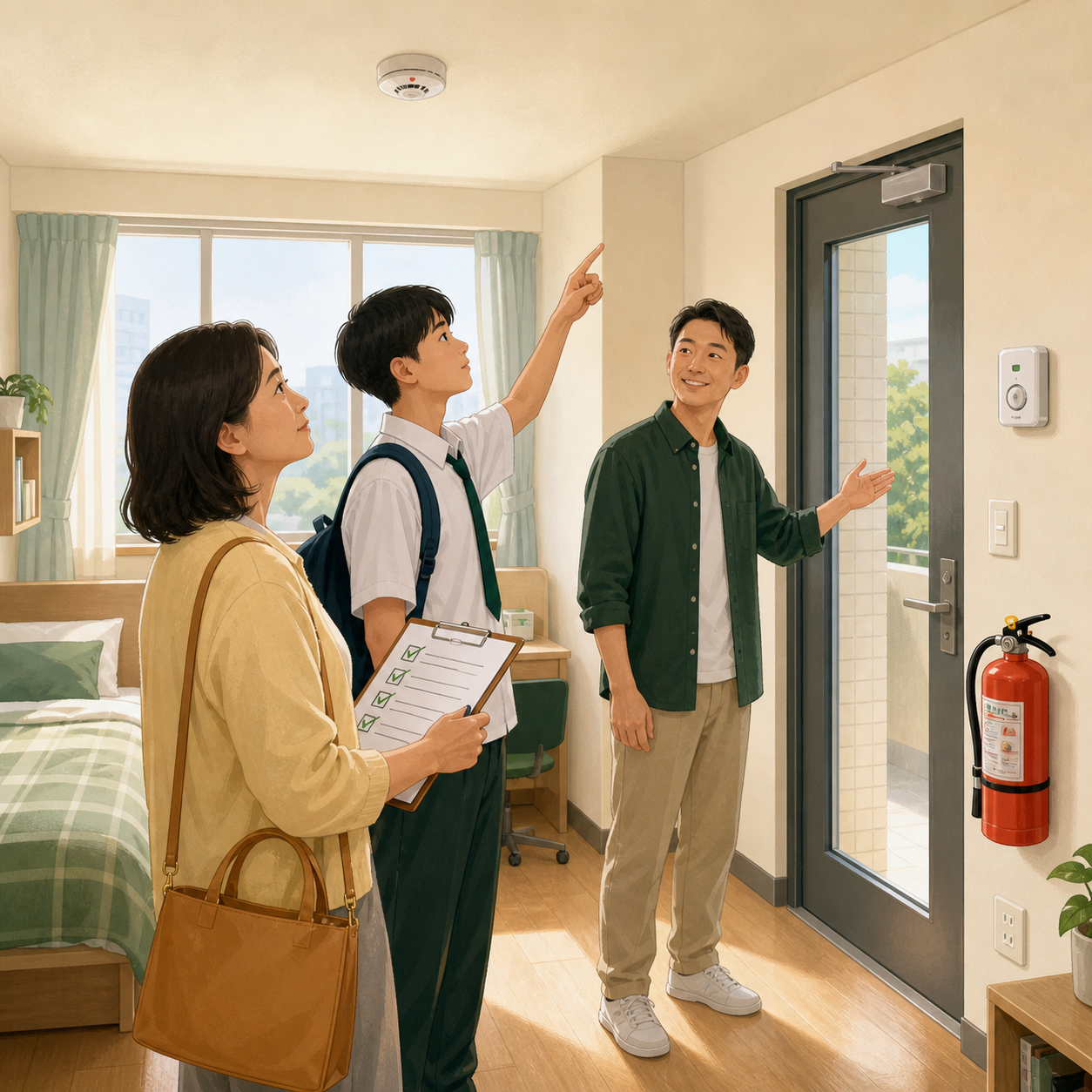學生與家長檢查租屋安全